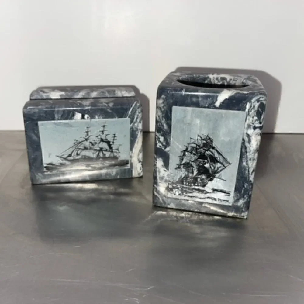 Black Gray Marble Ship Pen Pencil Cup Letter Hold